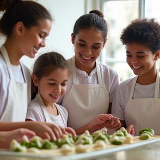 Children laughing while making vegetable-rich dumplings