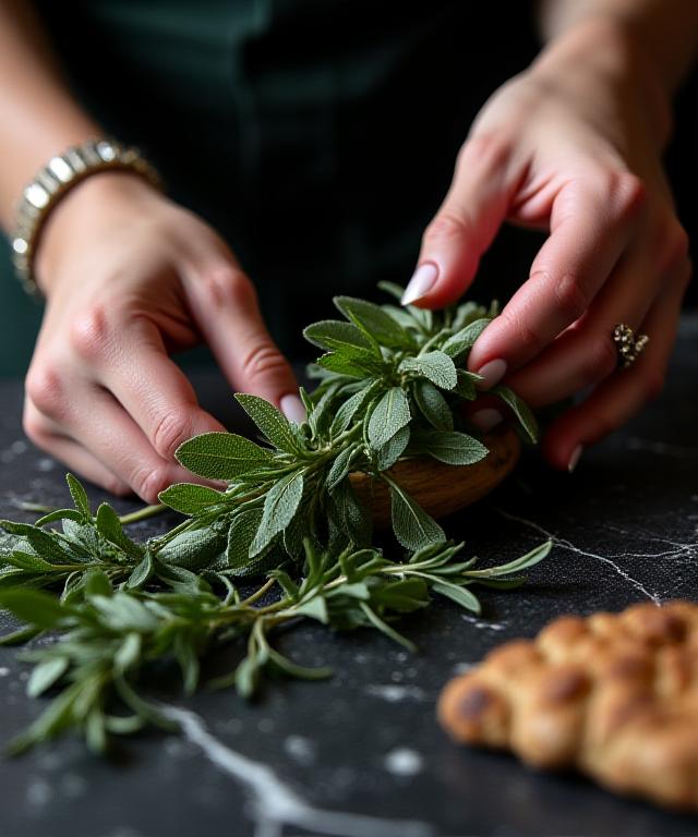 Artisan hands preparing fresh herbs and clay-potted dishes